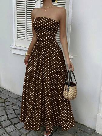 MainGRL Vestido bandeau con cintura ceñida y estampado de lunares, estilo vacacional