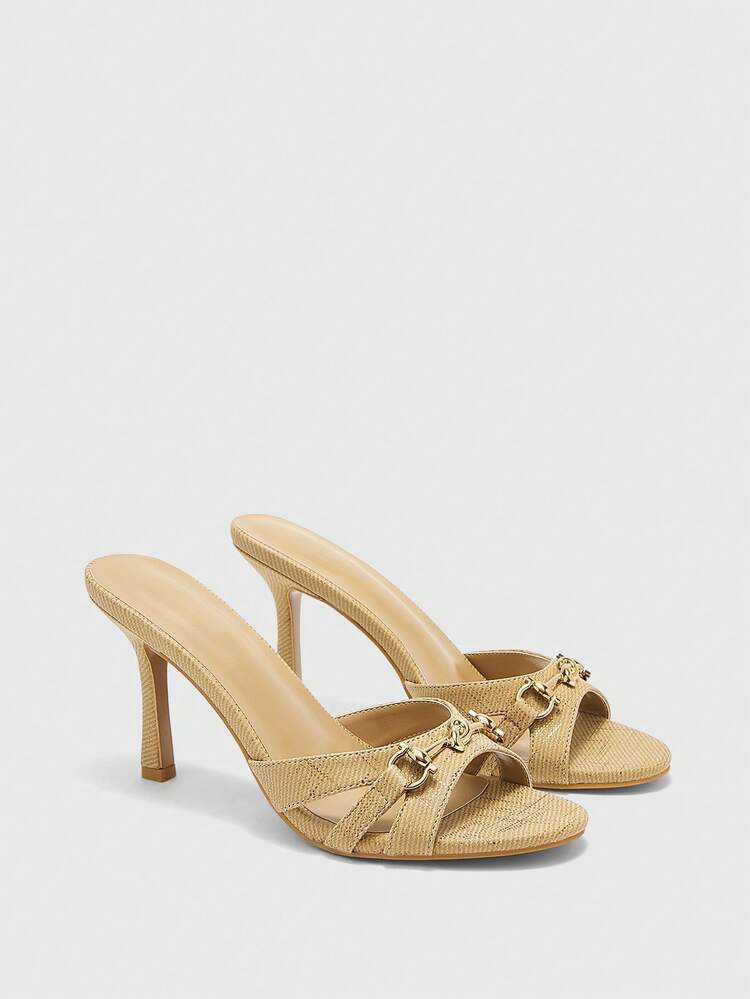 CUCCOO BIZCHIC Black PU Leather Gold Buckle Fashionable Comfortable Round Toe High Heel Mules For Christmas