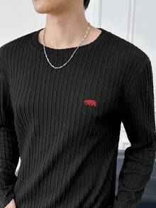 ESTAVOR 男士休闲T恤 针织纹理面料 刺绣图案 长袖圆领T恤 - 黑色 - 查看 7