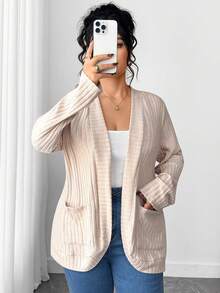 SHEIN PETITE CURVE Plus Size Solid Color Ribbed Pocket Casual Long Sleeve Jacket - Apricot - View 7