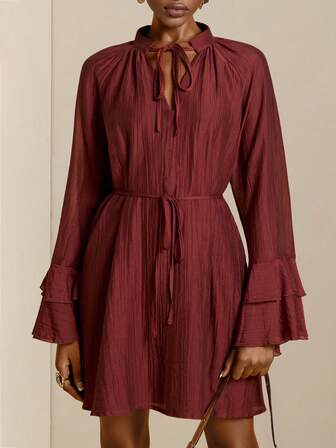 SHEIN Veneréa Women's Retro V-Neck Ruffle Hem Cinched Waist Waist Flare Sleeve Chiffon Mini Dress