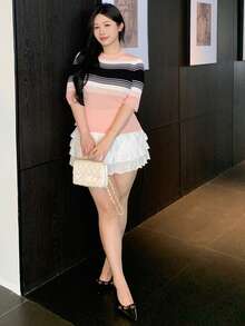 Dazy Plus 大码女式撞色条纹短袖休闲针织衫 - 粉色 - 查看 8