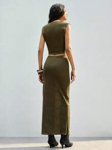 Maija 2pcs Set:Textured Camisole Top And Extra Long Skirt,Olive Green Summer Boho Vacation Holiday,Cozy Fall Winter Women's Clothing,Beach Outfit,Christmas - Army Green - View 3