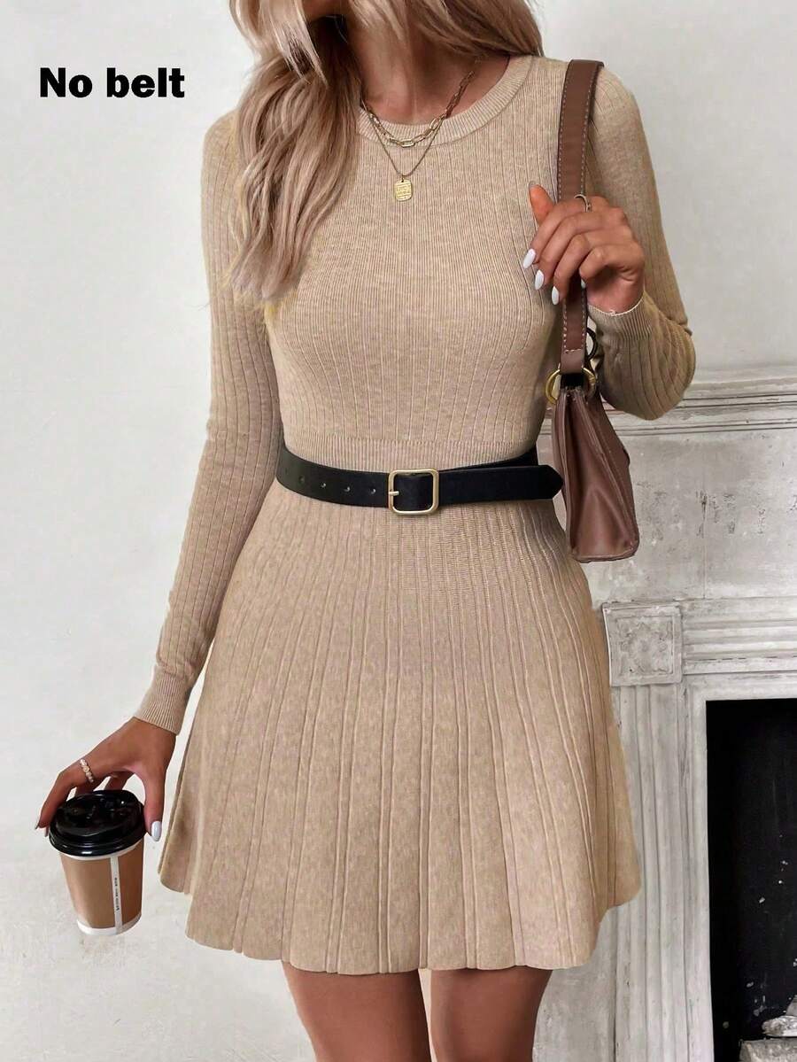 EMERY ROSE Solid Ribbed Knit Sweater Dress Without Belt Fall Winter Cloth For Women - Apricot - View 1