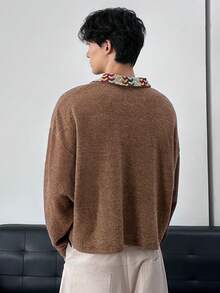 ESTAVOR Men's Casual Contrast Collar Long Sleeve T-Shirt, Autumn/Winter - Brown - View 4