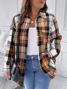 SHEIN LUNE Áo sơ mi kẻ caro tay dài dáng rộng, vai trễ, đơn hàng, túi thường ngày cho nữ cỡ lớn - Màu Cam san hô - Xem 1