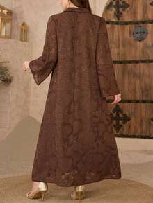 Modelyn Robe élégante et luxueuse à manches longues, col de chemise en tissu jacquard texturé avec décoration de strass - Marron - Voir 2
