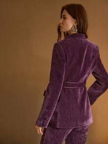 MOTF PREMIUM Blazer dengan kerah berikat dan trim kontras kulit PU. - Purple - View 6