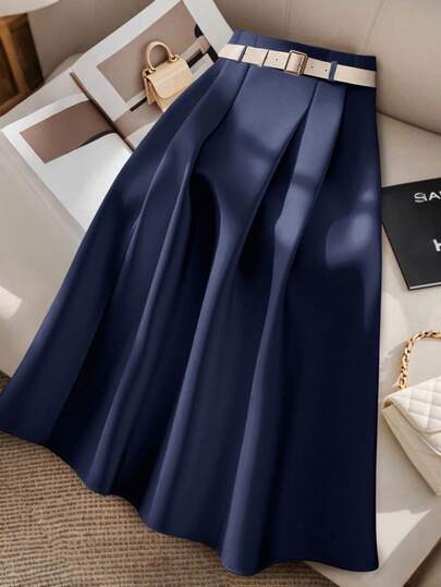 GlowEve CURVE Plus Size Slimming A-Line Skirt Navy Blue