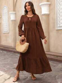 EMERY ROSE 女士纯色系带领灯笼袖荷叶边下摆休闲连衣裙 - 棕色 - 查看 4