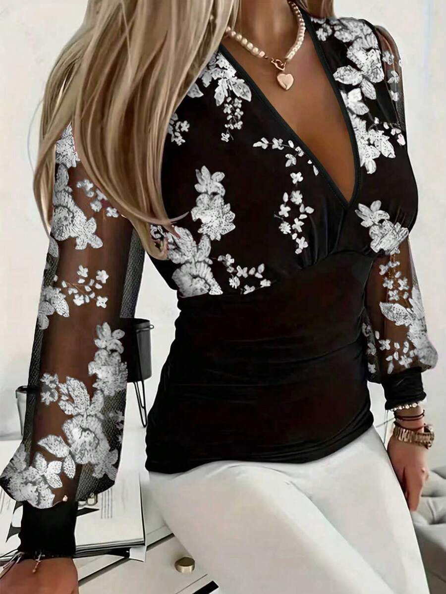 SHEIN LUNE 女士刺绣透视深V领T恤图案T恤女式上衣 - 銀色 - 查看 1