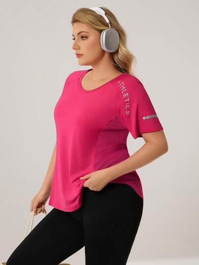 Auralis Athleisure Plus Size Women's Athletics Letter Print Raglan Sleeve Short Sleeve Sport T-Shirt Gym Jogging Workout Red Shirts Sportswear For Curve Women