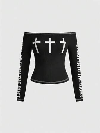 Grunge Punk T-shirt da donna con scollo a spalla, con stampa di slogan e croce, in stile Y2K e sexy