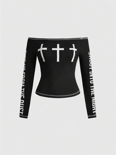 Grunge Punk Y2K Sexy Slogan & Cross Print Off Shoulder Women Kpop T-Shirt