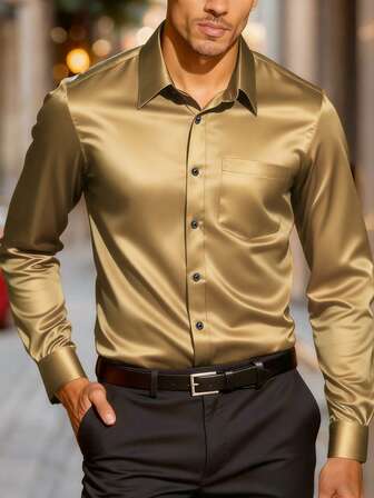 Manfinity Mode Men's Business Casual Chest Strap Design Twill Long Sleeve Shirt Satin Men Shirt Champagne Shirt For Men Men Silk Shirts Wedding Shirt For Men Gold Dress Shirt Men Luxury Shirts Old Money,Daily Leisure, Weekend Trips, Outdoor Activities, Travel Expeditions, Relaxed Work Environments Or Semi-Formal Occasions, Boyfriend/Husband Gift, Anniversary /Birthday Gift Party Christmas New Years Wedding