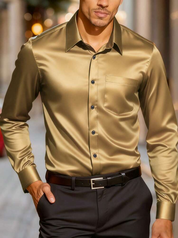 Manfinity Mode Men's Business Casual Chest Strap Design Twill Long Sleeve  Shirt Satin Men Shirt Champagne