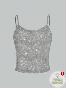 Y2Kool ORANGE STUDIO Women's Fashionable Shiny Slim Camisole For Summer Silver Crop Top Silver Top Women Sparkle Top Glittery Top Bling Top Spring Outfits Women Y2K Carnival Clothes - Silver - View 1