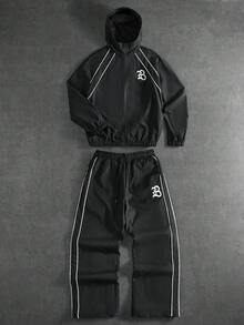 PAVTROS 男士休闲百搭夹克套装，街头风，宽松，印花，情侣装，朋友装，我爱我的男朋友，街头风格，情侣装，反光条纹结构线条 男士两件套 男士运动服套装 慢跑服 Y2K 运动套装 男士慢跑套装 - 黑色 - 查看 1