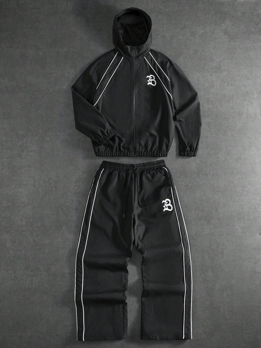 PAVTROS 男士休闲百搭夹克套装，街头风，宽松，印花，情侣装，朋友装，我爱我的男朋友，街头风格，情侣装，反光条纹结构线条 男士两件套 男士运动服套装 慢跑服 Y2K 运动套装 男士慢跑套装 - 黑色 - 查看 1