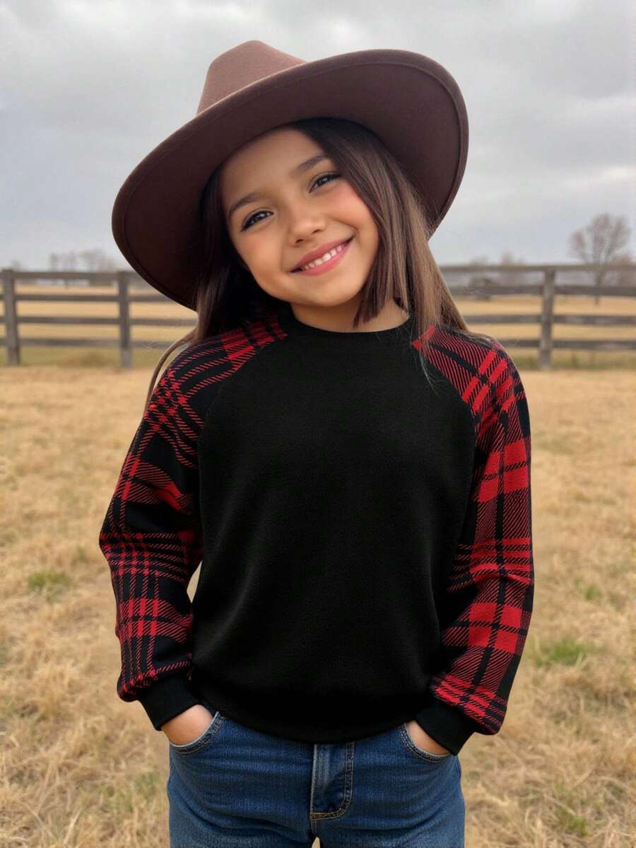 SHEIN Emery Rose Kids 少女宽松休闲简约舒适圆领套头卫衣，格子拼接设计 - 彩色 - 查看 1