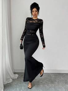 Rafferiza Rochie minimalistă la modă, cu dantelă încrețită, din mătase lapte, elastică, cu guler rotund și mânecă lungă, pentru femei, potrivită pentru petreceri sau întâlniri de celibatari - Negru - Vizualizare 7