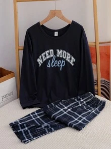 SHEIN 4 件套女童字母印花长袖上衣 + 格子裤休闲家居服套装 - 彩色 - 查看 6