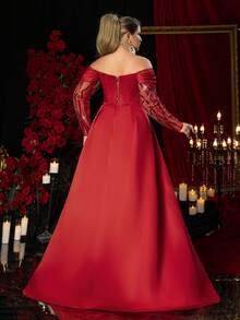Glamrae Plus Size Elegant Romantic Red Off-Shoulder Long-Sleeve Satin Mermaid Wedding Dress With Luxurious Beaded Sequined Bust And A-Line Skirt. Suitable For Weddings, Parties, New Year Celebrations, Formal Occasions, And Luxurious Evening Gowns (Heavily Embellished Design)