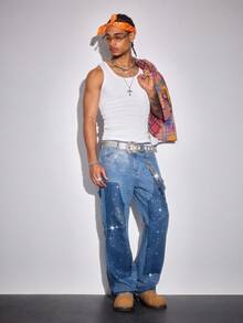 ROMWE MEN Street Life Men's Loose Fit Pockets Flared Leg Rhinestone Embellished Jeans - Blue - View 6