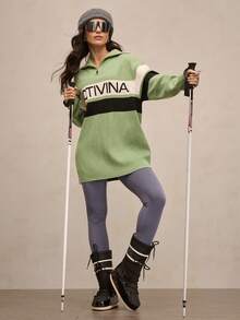 Activina Women's Colorblock Striped Letter Graphic Ski Sweater Ski Green White Black Oversize Fall Winter - Mint Green - View 1