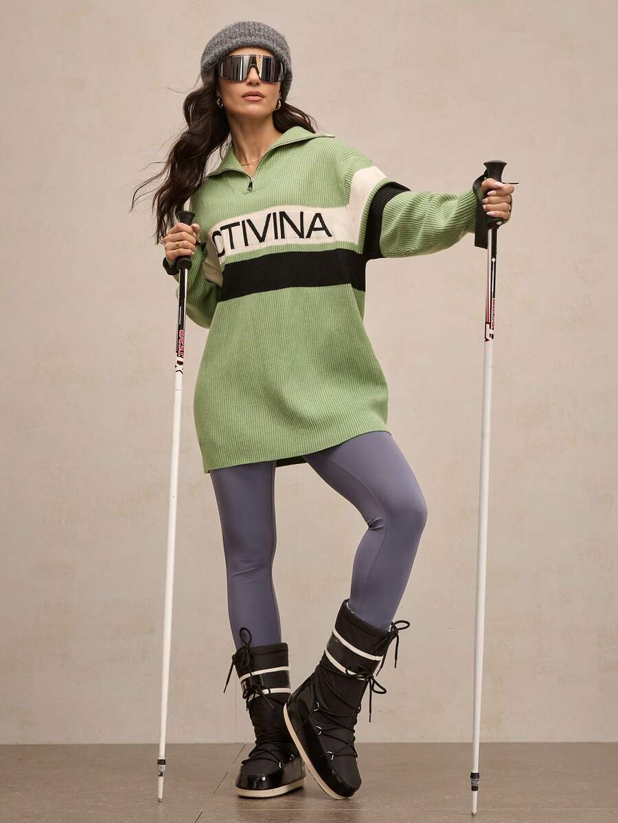 Activina Women's Colorblock Striped Letter Graphic Ski Sweater Ski Green White Black Oversize Fall Winter - Mint Green - View 1