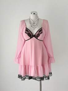 Sunspun New Elegant Sweet Going Out Tops, Chiffon Fabric Contrast Lace Bow Decor Bubble Long Sleeve Dress, Ruffle Hem Short Skirt, Spring/Summer/Fall - Pink - View 8