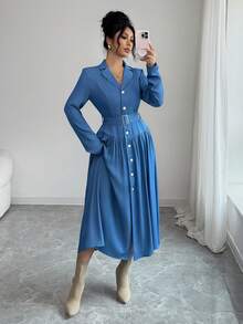 Elenzga Women's New Design Waist Cinching Long Sleeve Slimming Elegant Dress - Blue - View 6