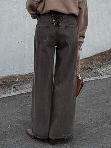 FRIFUL Women's High Waist Lace-Up Retro Casual Loose Straight Leg Jeans - Black - View 4