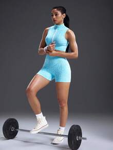 Powerista Women's Zebra Print Zip Front Vest And Shorts Sports Suit - Blue - View 5