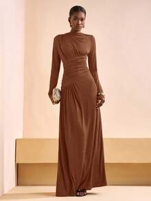 Zivah 2025 Autumn/Winter New Arrival Music Festival, Easter, St. Patrick's Day, Western, Nomadic, Birthday Party, Graduation, College Style, Student, Daily Casual, All-Match Versatile, Leisure, Cruise Travel, Beach, Sunbathing, Viral , Streetwear, Wedding Guest Boho, Commute, Brunch, Airport, Y2K, Vintage Distressed Round Neck Long Sleeve Ruched Waist Maxi Brown Shiny Dress - Redwood - View 3