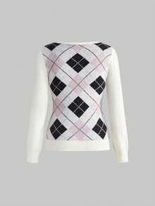 ROMWE Kawaii Y2K Preppy Diamond & Bow Patchwork Fitted Sweater - Apricot - View 2