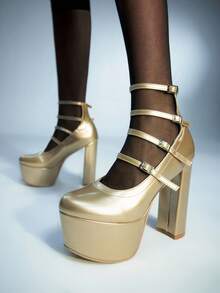 Sugerpunk Women's Thick Sole Buckle Design Fashionable Glamorous High Heels Valentine's Day - Champagne - View 6