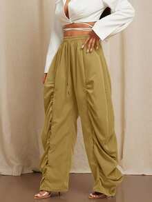 Vixey Ruched Wide Leg Drawstring Waist Woven Casual Office Pants, Business Casual Woman, Brunch