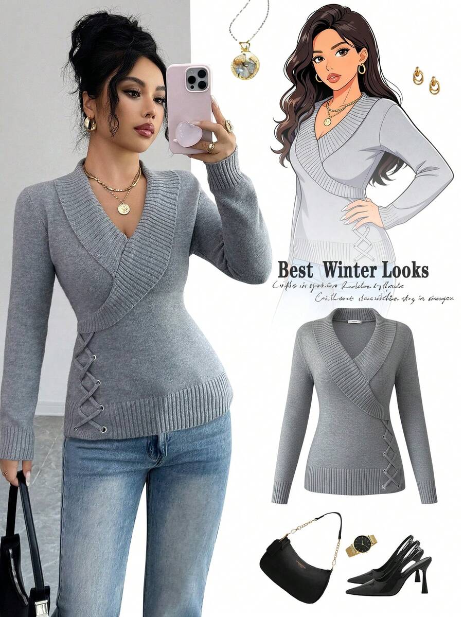SHEIN Elenzya Women's Elegant Fitted Collar Side Tie Long Sleeve Sweater, Autumn/Winter - Grey - View 1