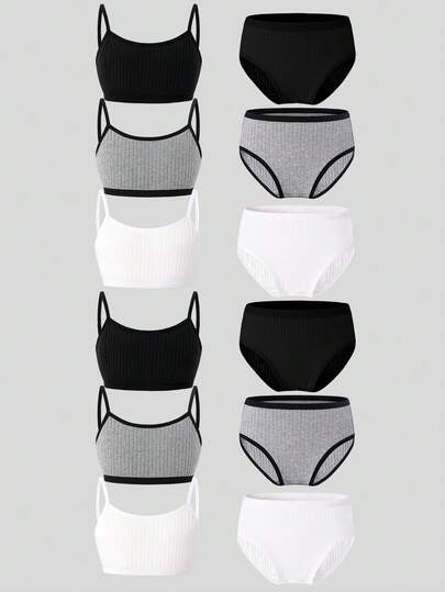 6pcs Girls' Solid Color Textured Fabric Grey, Black, White Classic 3-Color Camisole & Panty Set