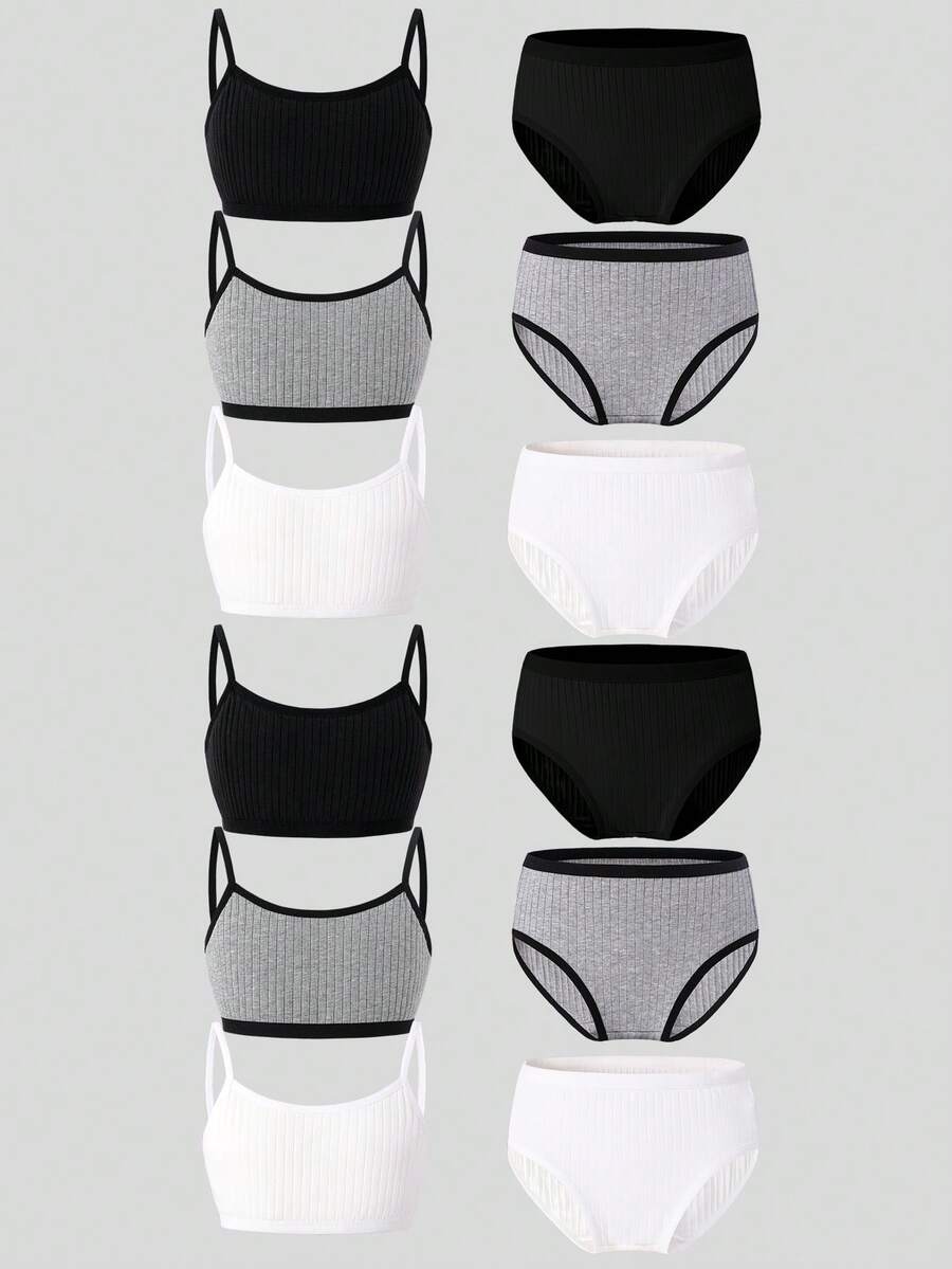SHEIN 6件套女童纯色纹理面料灰色、黑色、白色经典三色吊带背心和内裤套装 - 彩色 - 查看 1
