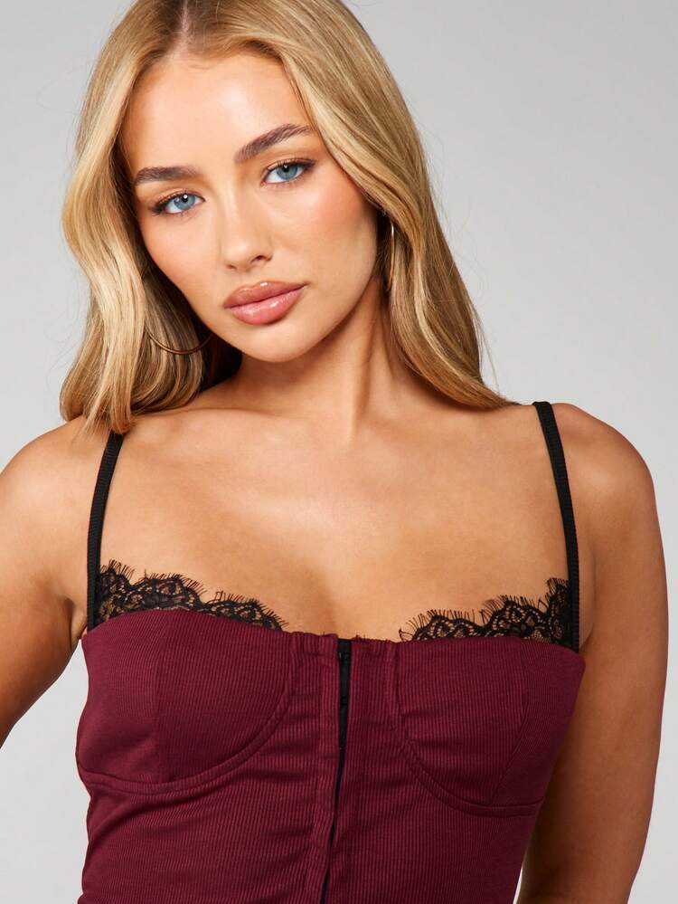 MISSGUIDED Ribbed Stretch Corset Cami Top With Black Lace Trim And Hook Eye Front Closure Bustier Layering Essential Fall Winter