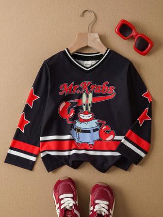 SpongeBob SquarePants | SHEIN Camiseta de manga larga holgada con cuello en V, estampado de dibujos animados y bloques de color a contraste para niño