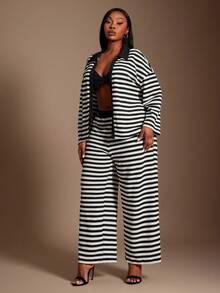 SHEIN SXY Plus Size Women's Sexy Vacation Black And White Striped Drop Shoulder Long Sleeve Shirt And Mid-Waist Trousers Two Pieces Set - Black and White - View 6