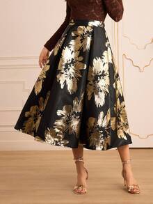 Lilora 女士优雅花卉提花褶裥箔片半身裙 - 黑色 - 查看 4