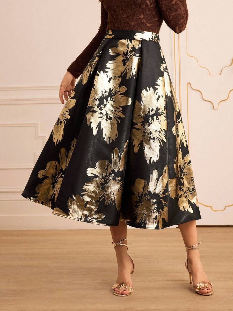 Lilora Chân váy xếp ly và lá kim loại jacquard họa tiết hoa thanh lịch dành cho nữ