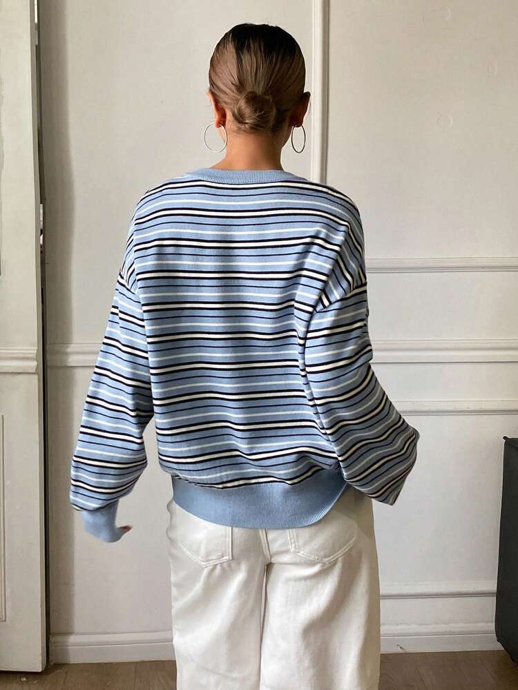 Contrast Stripe Loose V-Neck Pullover Casual Retro Knit Sweater For Women, Autumn/Winter