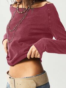 Bohemela Áo thun dệt kim cổ thuyền tay dài màu trơn thường ngày dành cho nữ - Đỏ - Xem 2