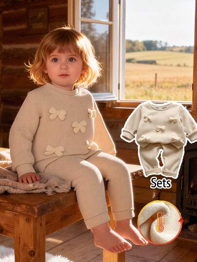 Vintaside Kids 2件套女婴休闲百搭3D蝴蝶结装饰加厚抓绒长袖上衣和裤子套装，适合秋冬季节、室内外日常穿着