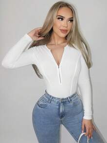 VaVaBold Body femme couleur unie à demi-zip, manches longues, style décontracté